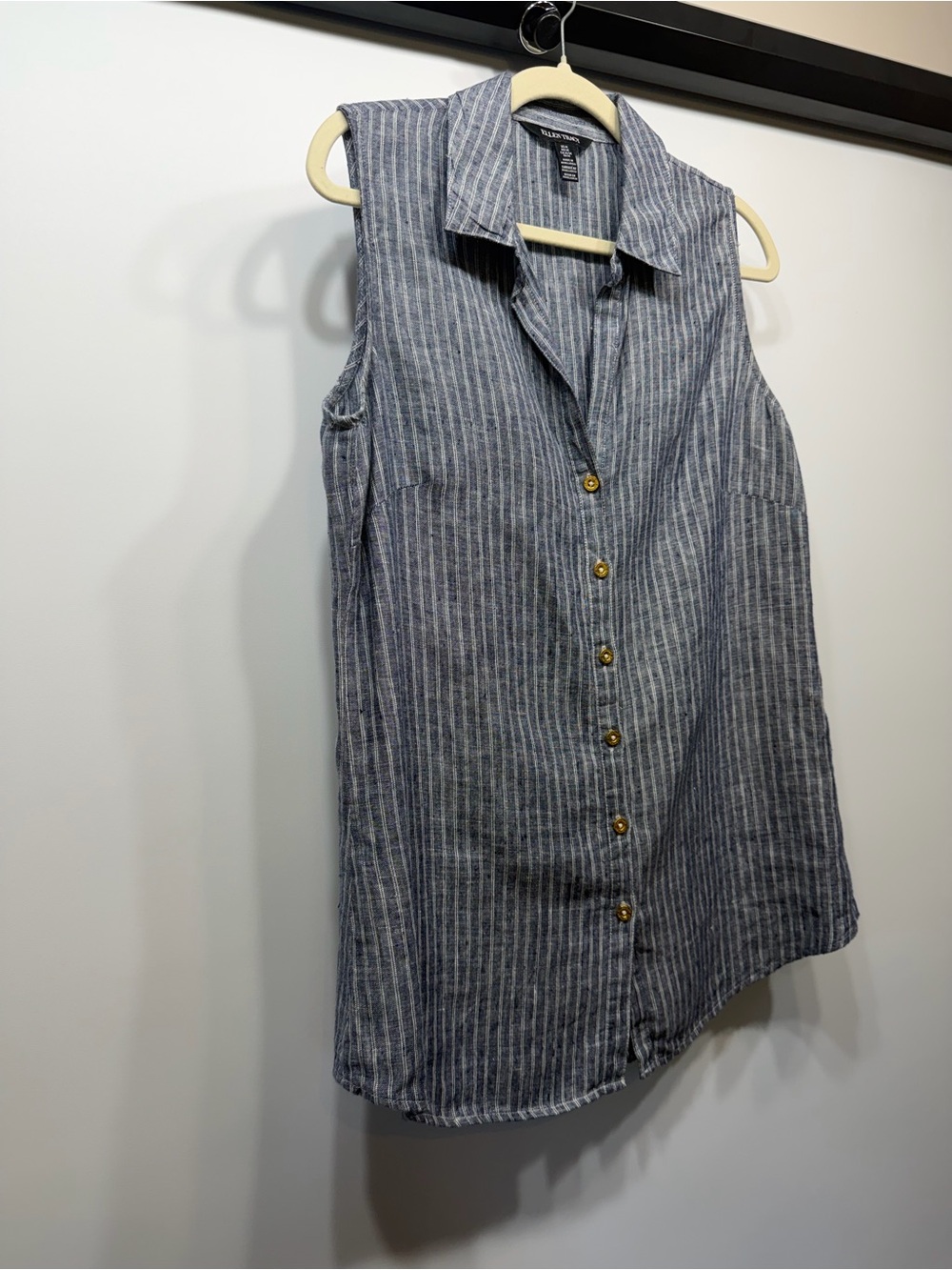 Ellen Tracy 100% Linen Sleeveless Button Front Top Medium Blue Stripe - Picture 4 of 12